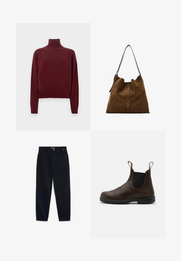 Dunkelgrüne wasserdichte Jacke mit einem braunen Cordkragen, Druckknöpfen, zwei Fronttaschen und einer lockeren Passform. Glatte Textur, lässiges Design.; Bordeauxroter Rollkragenpullover mit langen Ärmeln, Strickstruktur und geripptem Detail an Bündchen und Saum. Klassische, taillierte Form.; Schwarze Denim-Jeans mit geradem Bein, fünf Taschen-Design und Knopfverschluss. Der Stoff hat eine glatte Textur und minimale sichtbare Nähte.; Braune Leder-Ankle Boots mit elastischen Seitenpaneelen, Zuglaschen und strukturierter Gummisohle. Sie verfügen über ein schlankes, rundes Zehendesign.; Braune Wildleder-Eimerhandtasche mit einem schwarzen Ledertrageriemen, die eine weiche Silhouette und Nahtdetails am Boden aufweist.