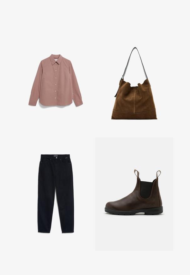 Dark green waterproof jacket with a brown corduroy collar, snap buttons, two front pockets, and a relaxed fit. Smooth texture, casual design.; Striped button-up shirt in rust and cream, featuring a classic collar, long sleeves, and a loose fit with a straight hem.; Black denim jeans with a straight leg, five-pocket design, and a button closure. Fabric has a smooth texture and minimal visible stitching.; Brown leather ankle boot with elastic side panels, pull tabs, and textured rubber sole. Features a sleek, rounded toe design.; Brown suede bucket bag with a black leather strap, featuring a soft silhouette and seam detailing at the base.