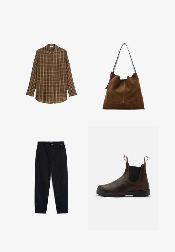 Dark green waterproof jacket with a brown corduroy collar, snap buttons, two front pockets, and a relaxed fit. Smooth texture, casual design.; Brown plaid long-sleeve shirt made of soft fabric, featuring a classic collar, button front, and straight hem with a relaxed fit.; Black denim jeans with a straight leg, five-pocket design, and a button closure. Fabric has a smooth texture and minimal visible stitching.; Brown leather ankle boot with elastic side panels, pull tabs, and textured rubber sole. Features a sleek, rounded toe design.; Brown suede bucket bag with a black leather strap, featuring a soft silhouette and seam detailing at the base.