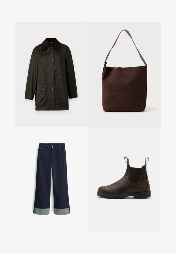 Dark green waterproof jacket with a brown corduroy collar, snap buttons, two front pockets, and a relaxed fit. Smooth texture, casual design.; Burgundy turtleneck sweater made from soft, stretchy fabric; features long sleeves and a high, rolled collar for added warmth.; Dark blue denim wide-leg jeans with a high waist, featuring rolled hem cuffs in a lighter blue fabric and standard four-pocket design.; Brown leather ankle boot with elastic side panels, pull tabs, and textured rubber sole. Features a sleek, rounded toe design.; Brown suede shoulder bag with a smooth texture and a single adjustable strap; features a minimalist design and subtle branding on the front.