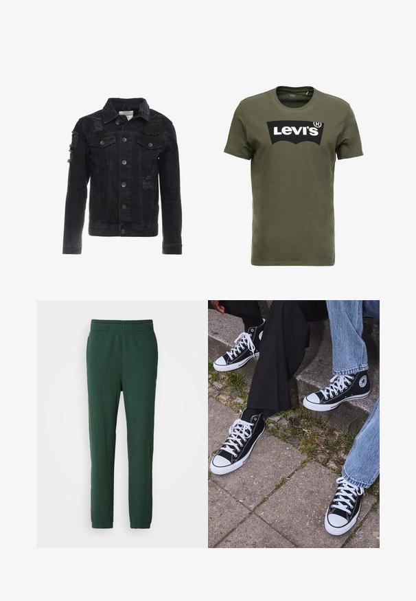 Svart denimjacka med slitna detaljer, knappar fram, två bröstfickor och en klassisk kragdesign.; Olivgrön bomull t-shirt med en stor svart Levi's-logotyp på framsidan. Klassisk rund halsringning och korta ärmar, slät textur.; Gröna joggerbyxor i mjuk bomull. Har resårmidja och tapered ben, med en liten logotyp på nederkanten.; Svarta högtopps kanvasskor med vita gummisulor och snören, med en cirkulär logotyp på sidan och kombinerade med jeans och svarta byxor.