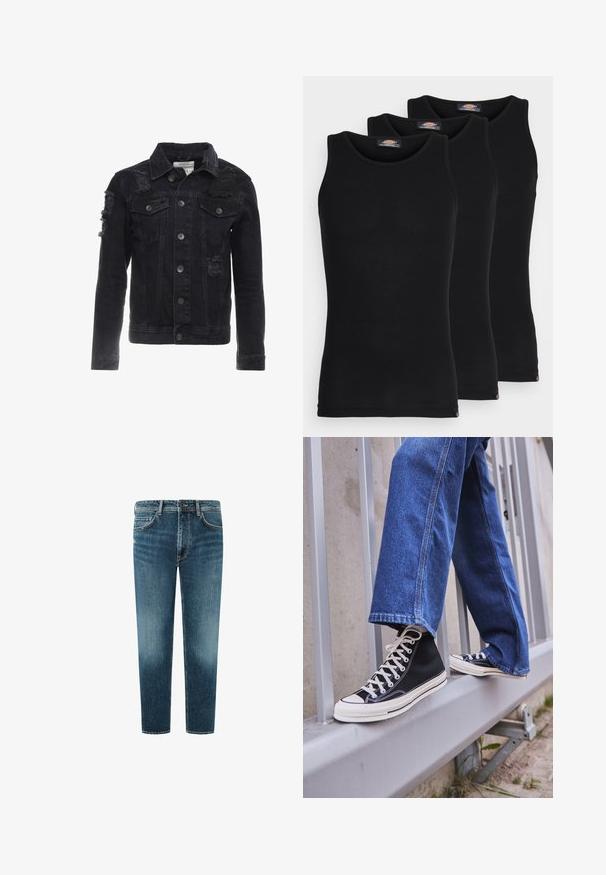 Črna denimska jakna z raztrganimi detajli, gumbi spredaj, dvema prsnikoma in klasičnim ovratnikom.; Črne majice brez rokavov v paketu treh. Rebrasta struktura, standardni okrogel izrez, brez rokavov. Rob ima majhen logotip blagovne znamke na dnu.; Jeans iz denima srednje modrega pranja, ravne nogavice, pet žepov ter kontrastno šivanje. Čista obdelava na robu.; Črne visoke teniske z belim podplatom in vezalkami, v kombinaciji z ohlapnimi modrimi džinsom, naslonjene na sivo ograjo.