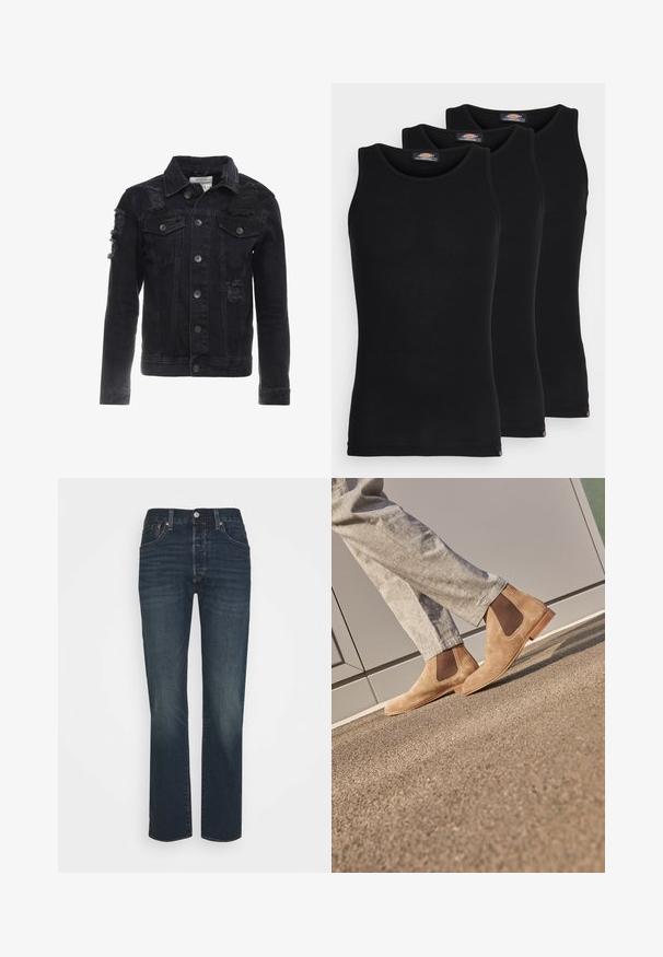 Zwarte denimjack met versleten accenten, knopen aan de voorkant, twee borstzakken en een klassiek kraagontwerp.; Zwarte tanktops in een verpakking van drie. Ribbelstructuur, standaard ronde halslijn, zonder mouwen. De zoom is voorzien van een klein merkembleem aan de onderkant.; Donkerblauwe denim jeans met een rechte pijp, vijf zakken en subtiele vervaging. Afgewerkt met een metalen knop en ritssluiting.; Bruine suède Chelsea-boots met elastische zijpanelen en een gladde tan rubberen zool, gecombineerd met lichtgrijze broek op een gestructureerd oppervlak.