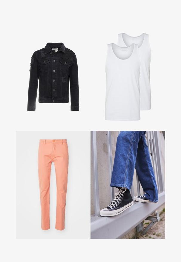 Black denim jacket featuring distressed accents, buttons on the front, two chest pockets, and a classic collar design.; White cotton tank tops with rounded necklines, featuring a smooth texture. Two pieces displayed, labeled "PIER ONE."; Peach-colored, slim-fit pants made of cotton with a smooth texture, featuring a button closure and belt loops, cut to a tapered ankle.; Black high-top sneakers with white sole and laces, paired with loose blue denim jeans, resting on a gray railing.