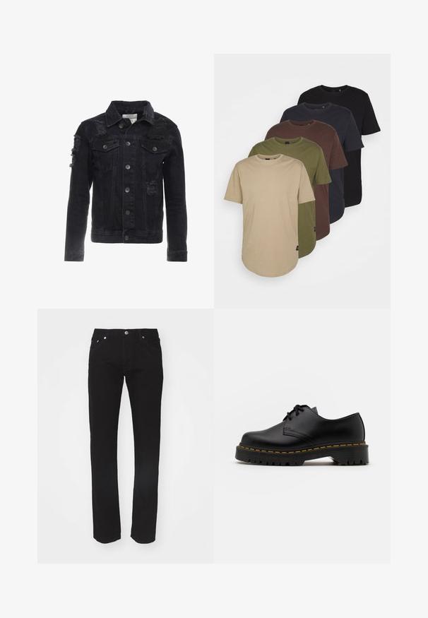 Schwarze Jeansjacke mit zertretenen Akzenten, Knöpfen auf der Vorderseite, zwei Brusttaschen und einem klassischen Kragen-Design.; Fünf T-Shirts in verlaufenden Farben angeordnet: beige, oliv, braun, dunkelblau und schwarz. Hergestellt aus weicher Baumwolle mit kurzen Ärmeln und Rundhalsausschnitt.; Schwarze Denim-Jeans mit geradem Bein schnitt, fünf Taschen-Design und einem Metallknopfverschluss an der Taille. Glatte Textur, keine sichtbaren Muster.; Schwarze Leder Schnürschuhe mit runder Spitze, strukturiertem Gummisohle und gelben Nähten um den Rand. Flaches Design und glatte Oberfläche.