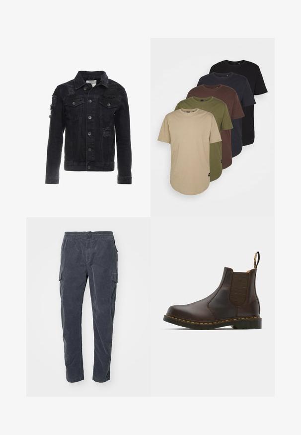 Black denim jacket featuring distressed accents, buttons on the front, two chest pockets, and a classic collar design.; Five t-shirts arranged in gradient colors: beige, olive, brown, dark blue, and black. Made of soft cotton with short sleeves and round neck.; Dark grey cargo pants featuring an elastic waistband, side pockets, and a soft, textured fabric. Straight leg design with minimal detailing.; Brown leather Chelsea boot with elastic side panels, textured heel, and contrast yellow stitching. Features a pull tab for easy wear.