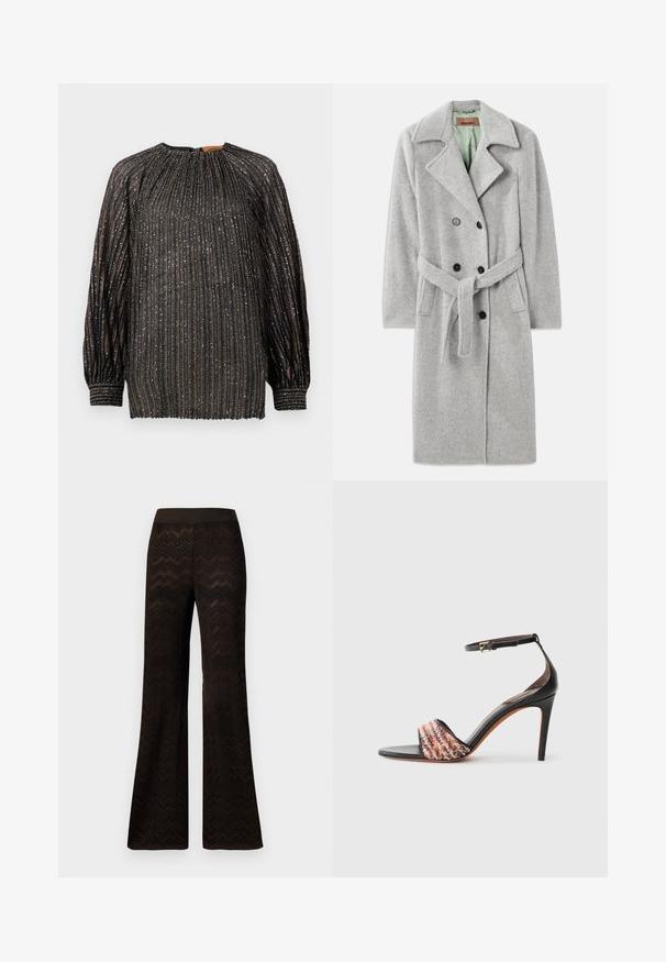 Grå ullblandad kappa med dubbelknäppning, spetsig krage, svarta knappar och ett tygbälte. Inredning i ljusgrön.; Garnitörsvet med flerfärgad zigzag-mönster, med svart krage och knappslå. Mjuk textur med långa ärmar och ribbade muddar.; Svart plisserad blus med metalltrådar, långa ärmar, hög halsringning och elastiska ärmslut. Har vertikala ränder och en texturerad yta.; Breda svarta byxor med ett sicksackstickat mönster och elastisk midja, visade mot en enfärgad vit bakgrund.; Svart klacksandaler med ankelsnodd. Har ett texturerat, flerfärgat tygband över tån. Slät läderfinish.