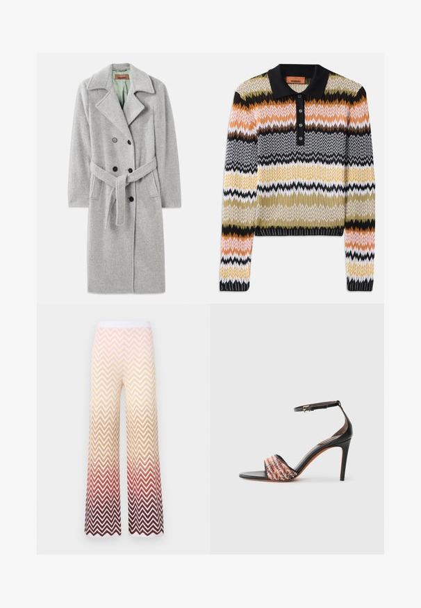 Szary płaszcz z wełny z podwójnym zapięciem, wysmukloną klapą, czarnymi guzikami i materiałowym paskiem. Wnętrze w jasnym zielonym kolorze.; Sweter polo z dzianiny w wielokolorowy wzór zygzaków, z czarnym kołnierzykiem i listwą na guziki. Miękka faktura, długie rękawy i ściągacze przy mankietach.; Brązowa koszulka polo z wielokolorowym falistym wzorem w odcieniach brązu, kremu i terakoty; pięcioprzyciskowa listwa; krótkie rękawy.; Szerokie, dzianinowe spodnie z wzorem chevron w zygzak, przechodzącym od kremowego przez pomarańczowy do głębokiej czerwieni, z białym elastycznym pasem.; Czarne sandały na obcasie z paskiem wokół kostki. Posiadają teksturowaną, wielokolorową tkaninę na palcach. Gładkie wykończenie ze skóry.