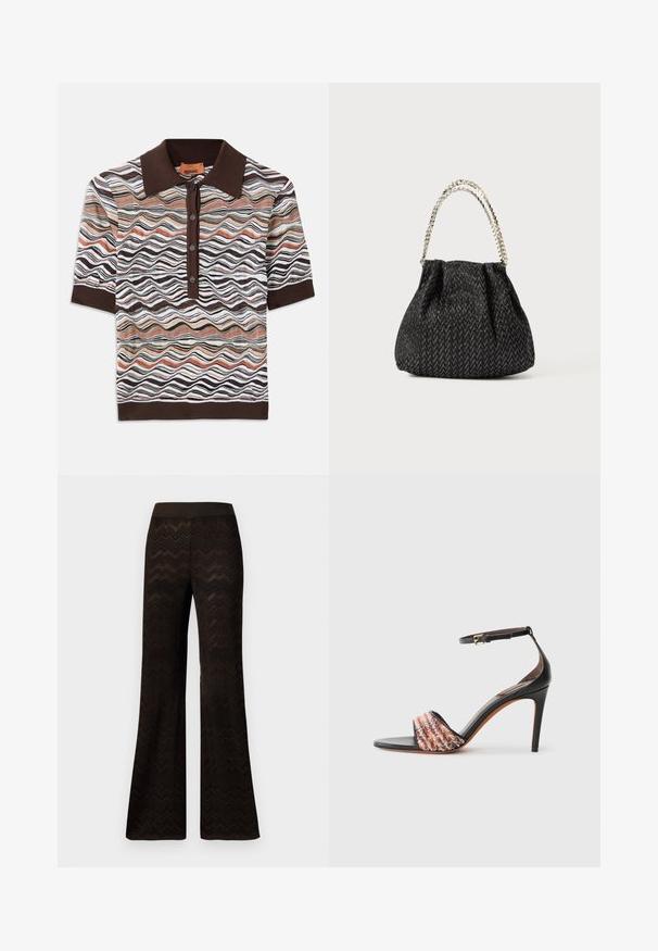 Šedý vlněný kabát s dvouřadým zapínáním, špičatým klopem, černými knoflíky a textilním páskem. Vnitřek v světle zelené barvě.; Pletený polo svetr v mnohobarevném zigzagovém vzoru, s černým límcem a knoflíkovou légou. Měkká textura s dlouhými rukávy a žebrovanými manžetami.; Hnědá polo košile s multikolorovým vlnitým vzorem v odstínech hnědé, krémové a terakotové barvy; zapínání na pět knoflíků; krátké rukávy.; Široké černé kalhoty s pleteným vzorem ve tvaru zigzagu a elastickým pasem, vystavené na čistém bílém pozadí.; Černé sandály na podpatku s páskem kolem kotníku. Mají texturovaný, vícebarevný pruh látky přes prsty. Hladký kožený povrch.; Černá texturovaná kabelka s rybincovým vzorem, skládáním a kovovým řetízkovým držadlem. Měkká tkanina nabízí elegantní vzhled.