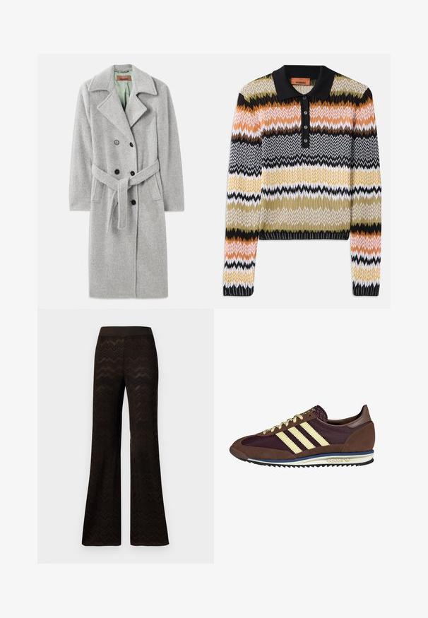 Sivý kabát z vlnenej zmesi s dvojradovým zapínaním, špičatým klopom, čiernymi gombíkmi a látkovým opaskom. Interiér v svetlozelenej farbe.; Pletený polo sveter s viacfarebným zigzag vzorom, so čiernym golierom a gombíkovou légou. Mäkko na dotyk, s dlhými rukávmi a rebrovanými manžetami.; Široké čierne nohavice s pruhovaným pleteným vzorom a elastickým pásom, vystavené na jednoduchom bielom pozadí.; Hnedé a bordové tenisky z semišu a sieťoviny, s tromi krémovými pruhmi, textúrovanou tkaninou na jazyku a gumovou podrážkou.