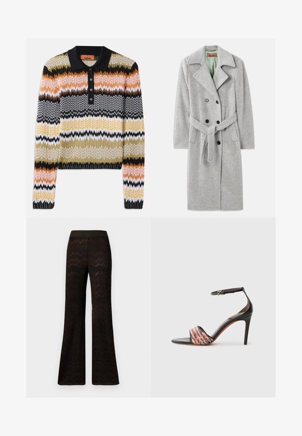 Šedý vlněný kabát s dvouřadým zapínáním, špičatým klopem, černými knoflíky a textilním páskem. Vnitřek v světle zelené barvě.; Pletený polo svetr v mnohobarevném zigzagovém vzoru, s černým límcem a knoflíkovou légou. Měkká textura s dlouhými rukávy a žebrovanými manžetami.; Hnědá polo košile s multikolorovým vlnitým vzorem v odstínech hnědé, krémové a terakotové barvy; zapínání na pět knoflíků; krátké rukávy.; Široké černé kalhoty s pleteným vzorem ve tvaru zigzagu a elastickým pasem, vystavené na čistém bílém pozadí.; Černé sandály na podpatku s páskem kolem kotníku. Mají texturovaný, vícebarevný pruh látky přes prsty. Hladký kožený povrch.