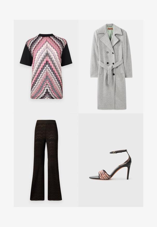 Harmaa villasekoite takki kaksirivisellä suunnittelulla, teräväkauluksella, mustilla napilla ja kankaasta valmistetulla vyöllä. Sisus vaalea vihreä.; Lyhythihainen paita, jossa on monivärinen sahalaitakuosi vaaleanpunaisena, mustana ja kermanvärisenä, mustat hihat ja pyöreä pääntie.; Levelegge svarte bukser med et sik-sak strikkemønster og elastisk liv, vist mot en enkel hvit bakgrunn.; Musta korkokenkä nilkkahihnalla. Ominaisuuksiin kuuluu teksturoitu, monivärinen kangas nauha varpaiden yli. Sileä nahkapinta.