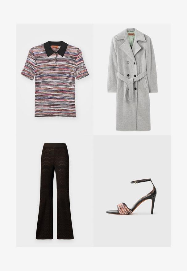 Šedý vlněný kabát s dvouřadým zapínáním, špičatým klopem, černými knoflíky a textilním páskem. Vnitřek v světle zelené barvě.; Missoni Polotričko - multicolor/red/pink/blu; Široké černé kalhoty s pleteným vzorem ve tvaru zigzagu a elastickým pasem, vystavené na čistém bílém pozadí.; Černé sandály na podpatku s páskem kolem kotníku. Mají texturovaný, vícebarevný pruh látky přes prsty. Hladký kožený povrch.