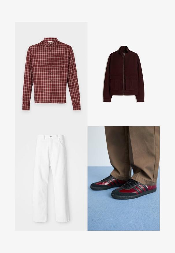 Burgundy zip-up jacket made of soft fabric, featuring a high collar, long sleeves, and two front patch pockets with flaps.; Red checkered long-sleeve shirt with a pointed collar, button closure, and a chest pocket. Material appears soft with a slight texture.; White denim pants with a straight leg design, featuring a front button and zipper closure, five pockets, and a clean, textured finish.; Black and burgundy athletic shoes with leather and suede materials, featuring black laces and three black stripes on the side. Rubber sole.