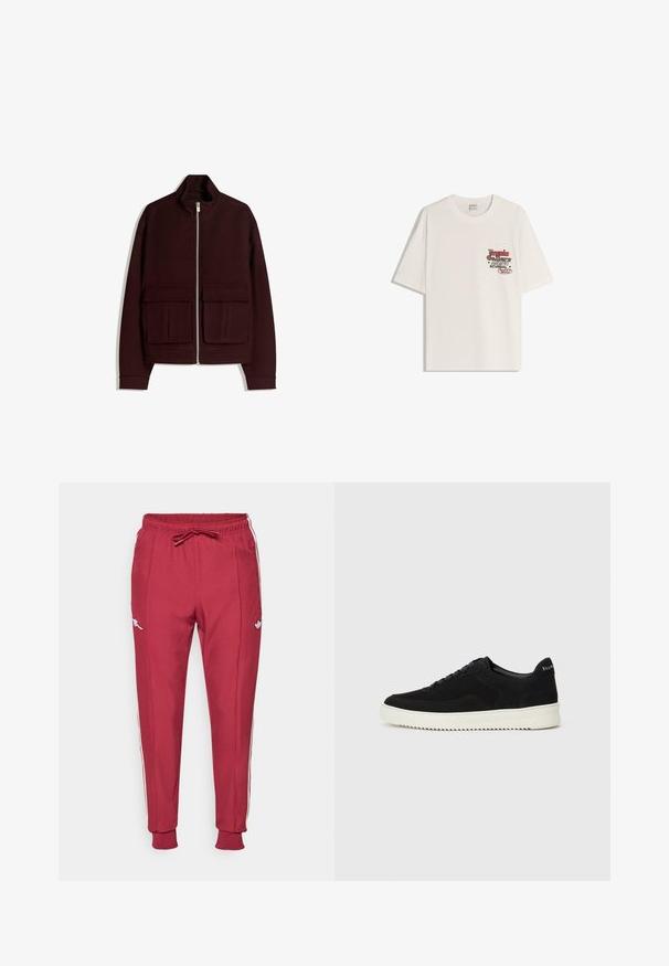 Burgundowy polar zapinany, wykonany z miękkiego materiału, z wysokim kołnierzem, długimi rękawami oraz dwiema kieszeniami na przedzie z klapkami.; Biała bawełniana koszulka z krótkim rękawem i okrągłym dekoltem. Posiada nadruk w czerwono-czarnym tekście na lewej stronie klatki piersiowej.; adidas Originals ARSENAL FC ICON bordowy; Czarne zamszowe sneakersy z designem na sznurówki i kontrastującą białą gumową podeszwą. Posiadają teksturowane boczne panele oraz subtelne logo na pięcie.