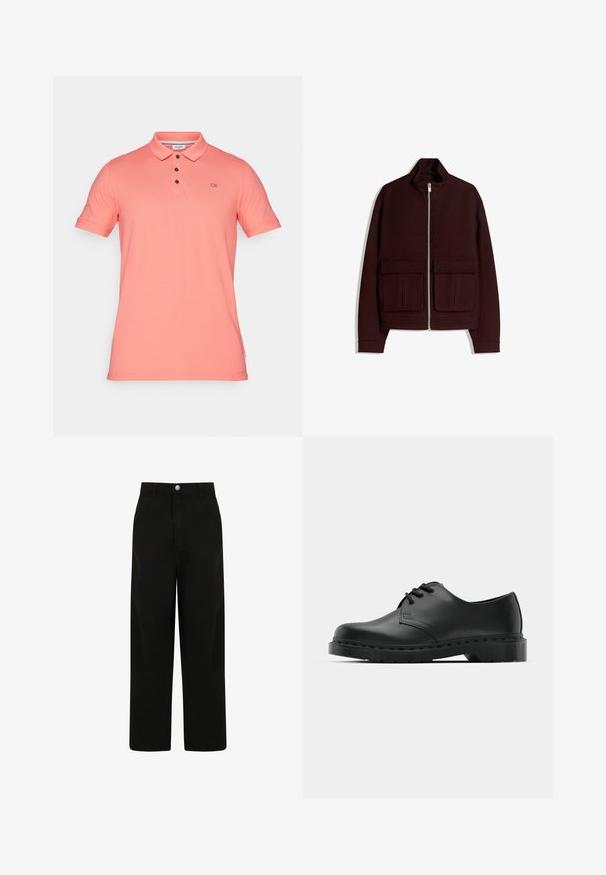 Bordó zipzáras dzseki puha anyagból, magas gallérral, hosszú ujjal és két elülső, fedeles zsebbel.; Korall színű pólóing, amely pamutból készült, klasszikus gallérral, háromgombos megoldással és hímzett CK logóval a mellkason. Rövid ujjú.; Fekete, bő szárú nadrág, pamutból készült. Elöl gombos záródással, két oldalzsebbel és laza illeszkedésű kialakítással rendelkezik.; Fekete bőr oxford cipő fűzős kialakítással, kerek orral, lapos gumitalppal és finom varrással a felső részen.