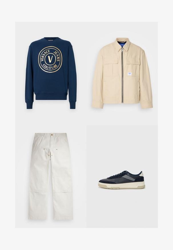 Casaco bege com fecho éclair frontal, dois bolsos no peito e uma pequena etiqueta de marca. Feito de um tecido liso e leve.; Sweatshirt azul-marinho com pescoço redondo, mangas longas e punhos canelados. Apresenta um grande design de logotipo dourado no centro com texto em círculo.; Calças de algodão brancas com um corte relaxado, apresentando bolsos frontais, detalhes em hardware dourado e remendos nos joelhos.; BOSS BALTIMORE - Sapatilhas - open blue
