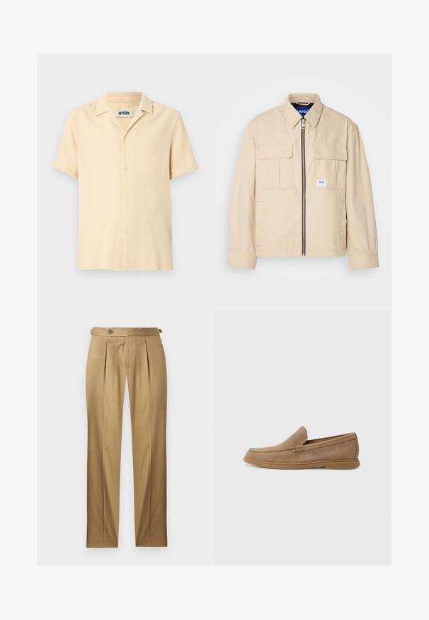 Beige Jacke mit einem Frontreißverschluss, zwei Brusttaschen und einem kleinen Markenetikett. Hergestellt aus einem glatten, leichten Stoff.; Kurzärmliges, beige Hemd mit knöpfen und strukturiertem Gewebe. Verfügt über einen geschlitzten Kragen und einen geraden Saum.; Beige Hose mit geradem Schnitt, versehen mit Abnähern, einem Knopfverschluss und Gürtelschlaufen. Glatter Stoff mit einem sauberen, maßgeschneiderten Aussehen.; Braune Wildleder Slipper mit glatter Textur und gesteppten Details; bietet eine Gummisohle für guten Halt.