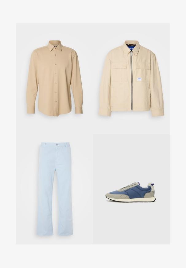 Chaqueta beige con cremallera frontal, dos bolsillos en el pecho y una pequeña etiqueta de marca. Fabricada en una tela suave y ligera.; Camisa de manga larga beige hecha de una tela texturizada con un patrón a cuadros, con un cierre frontal de botones y puños, ajuste entallado.; Pantalones de algodón azul claro con corte recto, cierre frontal con botón y bolsillos laterales. Textura suave y detalles de costura mínimos.; Las zapatillas deportivas presentan una parte superior sintética azul con acentos grises, detalles texturizados, cierre de cordones y una suela de goma negra.