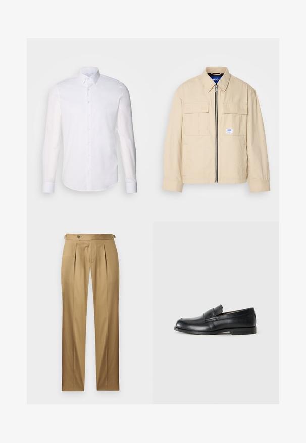 Beige jakk, millel on esiküljel tõmblukk, kaks rinna taskut ja väike brändi silt. Valmistatud siledast, kergest kangast.; Valge pikkade varrukatega nööpidega särk, mis on valmistatud puuvillast, klassikalise krae, eest nööpide ja minimaalsete õmblusdetailidega.; Beežid püksid sirge lõikega, millel on voldid, nööpkinnitus ja vööaasad. Sile kangas puhta ja viimistletud väljanägemisega.; Mustad mustad nahast mokassiinid ümarate varvastega, õmblustega ja lamedate kummitaldadega. Omab laia bändi jala keskosas.