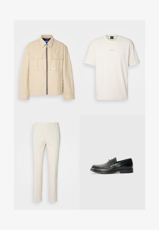 Bež jakna s prednjim patentnim zatvaračem, dva džepa na prsima i malom oznakom branda. Izrađena od glatkog, laganog materijala.; BOSS TEE - Osnovna majica kratkih rukava - open white; Pantalone boje kreme s teksturiranim materijalom. Ima ravne nogavice, petlje za pojas i dvije prednje džepove. Bez uzoraka.; Crne kožne mokasine s zaobljenim vrhom, koje imaju šivani dizajn, mali prednji remen s metalnim detaljima i ravni gumeni potplat.