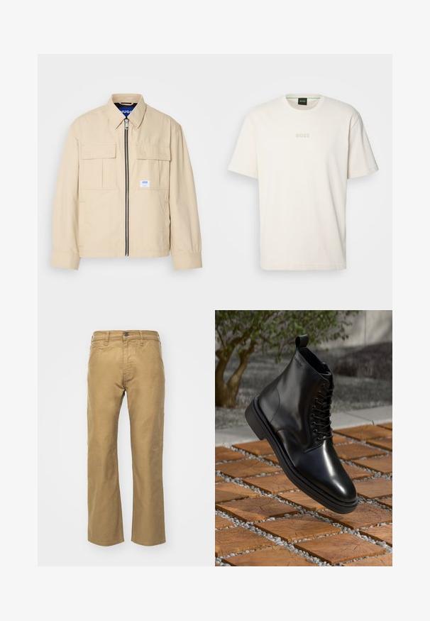Beige jaka ar priekšējo rāvējslēdzēju, divām krūšu kabatām un nelielu zīmola etiķeti. Izgatavota no gludas, vieglas auduma.; BOSS TEE - Pamata T-krekls - open white; Haki bikses, kas izgatavotas no kokvilnas. Taisns griezums ar jostu un priekšējiem kabatām. Iebūvēta viena aizmugures kabata un smalki šuvuma detalizācijas.; Melna āda potīte ar gludu apdari, saistāmā dizaina un paceltu aizmugures cilpu, kas atrodas virs rakstainas koka virsmas.