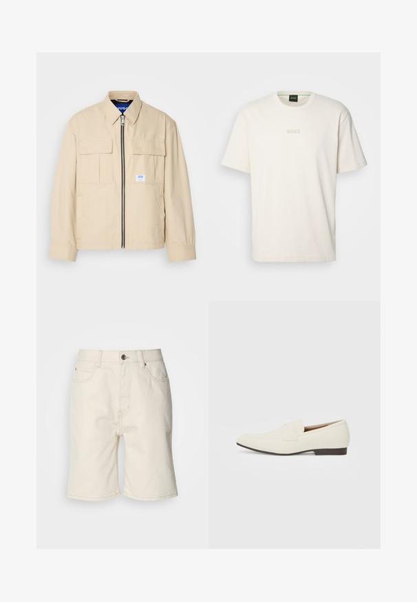 Bežinė striukė su priekiniu užtrauktuku, dviem krūtinės kišenėmis ir maža prekės ženklo etikete. Pagaminta iš sklandžios, lengvos medžiagos.; BOSS TEE - Paprasti marškinėliai - open white; Bežiniai džinsiniai šortai su tiesiu siluetu, penkiomis kišenėmis ir priekine mygtukų uždarymo sistema. Šiek tiek tekstūruotas audinys su matomomis siūlėmis.; Šviesiai smėliniai loaferiai su smailiu pirštu, lygaus paviršiaus, dirželiu per viršų ir žema ruda padanga. Paprastas dizainas su minimaliais akcentais.