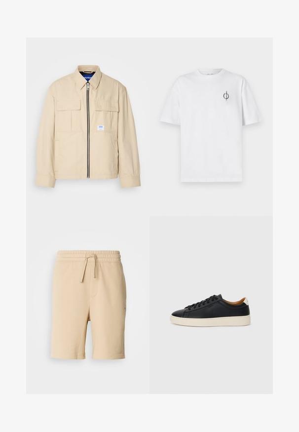 Veste beige avec fermeture éclair à l'avant, deux poches poitrine et une petite étiquette de marque. Fabriquée en tissu lisse et léger.; T-shirt en coton blanc avec une coupe décontractée, présentant un petit logo graphique noir sur le côté gauche de la poitrine. Manches courtes, col rond.; Shorts en coton beige mélangé avec une taille élastique, un détail de cordon de serrage, une poche latérale et une coupe droite. Texture lisse et design simple.; Baskets en cuir noir avec une texture lisse, semelle en caoutchouc beige, design à lacets et accent de talon contrasté.