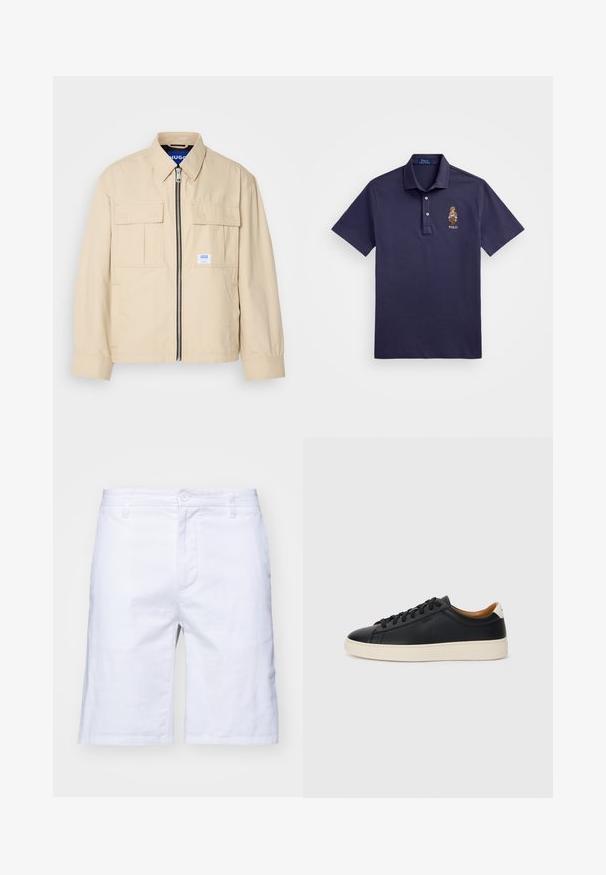 Beige jakk, millel on esiküljel tõmblukk, kaks rinna taskut ja väike brändi silt. Valmistatud siledast, kergest kangast.; Polo Ralph Lauren CUSTOM SLIM POLO BEAR MESH POLO SHIRT - Polosärk - faded blue bear; Valged puuvillased lühikesed püksid otsekärpimisega, lukuga ja nupuga kinnitamine. Omab küljetaskuid ja siledat tekstuuri.; Mustad nahast tennised sujuva pindadega, beež kummist tallaga, paelaga kinnitamine ja kontrastse kanna aktsendiga.