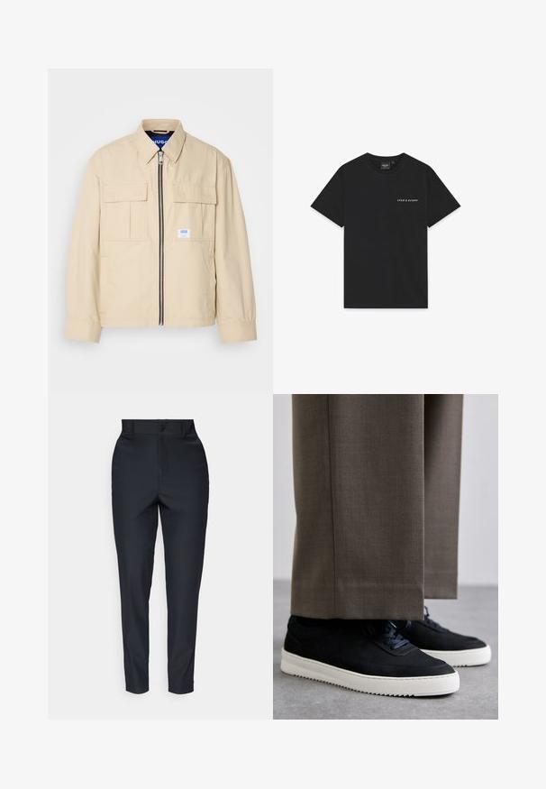 Beige jacka med frontdragkedja, två bröstfickor och en liten logotagg. Tillverkad av ett slätt, lätt material.; Svart bomullströja med korta ärmar, rund halsringning och en liten vit "Lyle & Scott"-logotyp tryckt på bröstet. Mjuk textur.;  skräddarsydda marinblå byxor i en mjuk tygkvalitet, med midja som sitter väl, raka ben och pressade veck för ett sofistikerat utseende.; Svarta mockaskor med vita gummi-sulor, med rund tå och snören, bärs tillsammans med grå skräddarsydda byxor.