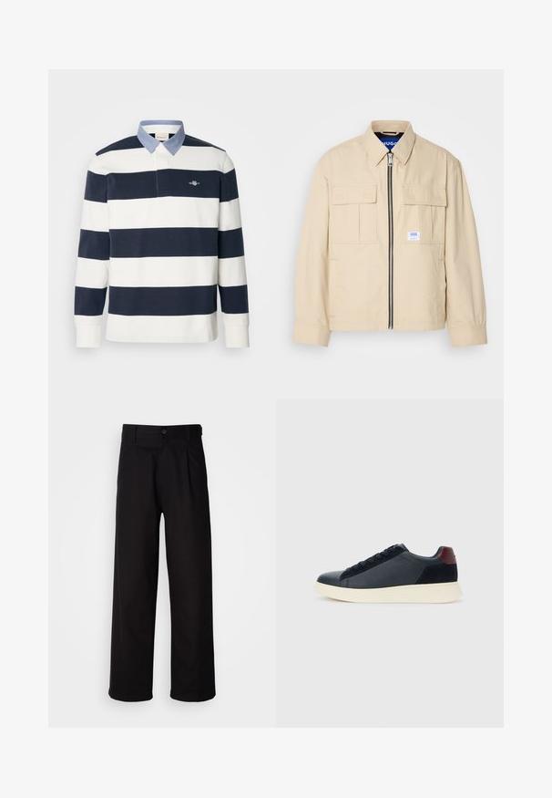 Beige jakke med lynlås foran, to brystlommer og en lille brandingetiket. Fremstillet af et glat, let materiale.; Langærmet polo t-shirt med marineblå og hvide vandrette striber, en krave der ligner blå denim og et lille logo på brystet.; Sorte bukser lavet af glat stof, med lige ben, frontfolder og en enkelt knaplukning i taljen.; Lave herresneakers i sort læder og ruskind med maroon hælflap og hvid gummisål, set fra ydersiden.