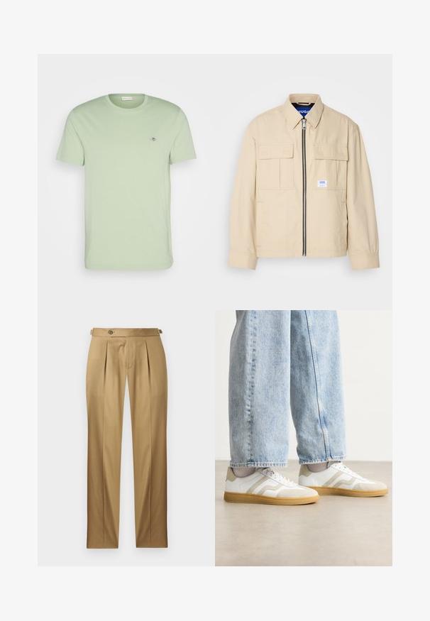 Beige Jacke mit einem Frontreißverschluss, zwei Brusttaschen und einem kleinen Markenetikett. Hergestellt aus einem glatten, leichten Stoff.; GANT SHIELD - T-Shirt basic - milky matcha; Beige Hose mit geradem Schnitt, versehen mit Abnähern, einem Knopfverschluss und Gürtelschlaufen. Glatter Stoff mit einem sauberen, maßgeschneiderten Aussehen.; Weiße Sneakers mit beigen Wildleder-Akzenten und hellen Gummisohlen; verfügen über ein Low-Top-Design und eine strukturierte Oberflächenverarbeitung.