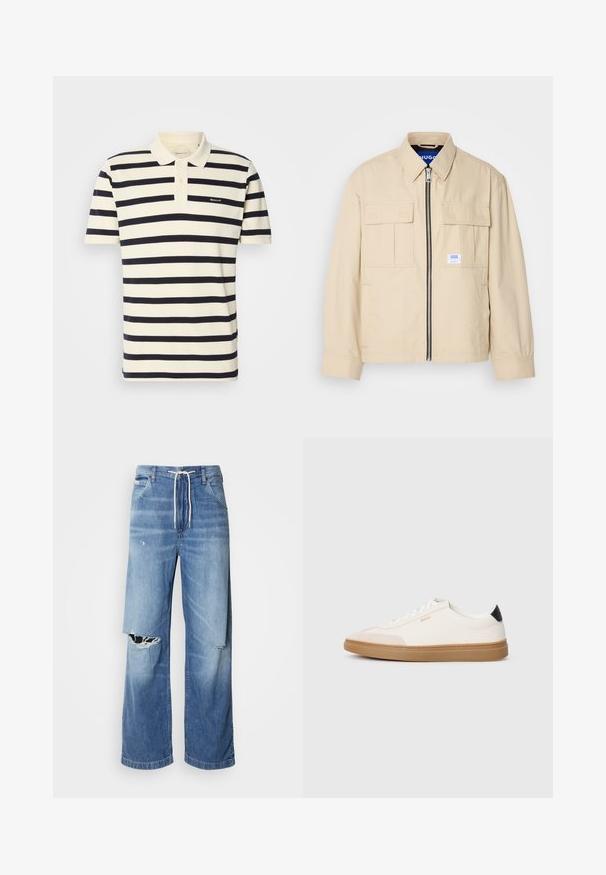 Béžová bunda s predným zipsom, dvoma vreckami na hrudi a malou značkovou nálepkou. Vyrobená z hladkej, ľahkej tkaniny.; Pruhovaný polo tričko v krémovej a námorníckej farbe, vyrobené z bavlny. Má golier, dvojitý gombíkový zapínací priehľad a vyšívané logo na hrudi.; Svetlomodré džíny s voľným strihom, so bielym šnúrkovým pásom a výraznými roztrhnutiami na prednej strane, ktoré odhaľujú rozstrapkané okraje.; Biele tenisky s béžovými akcentmi, hladký kožený zvršok, zaoblená špička a gumená podošva, s čiernym pätkom a jemným brandingom.