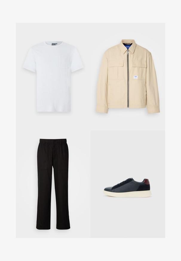 Beige jacket featuring a front zipper, two chest pockets, and a small branding label. Made from a smooth, lightweight fabric.; White cotton T-shirt with short sleeves, crew neckline, and a small front pocket. Soft texture and minimalist design.; Black pants with a relaxed fit, made from lightweight fabric. Features an elastic waistband, button closure, and two front pockets.; Low-top men's sneaker in black leather and suede with maroon heel tab and white rubber sole, viewed from the outer side.