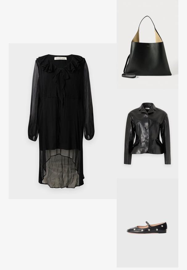 Bally Kožená bunda - black; Černé šifónové šaty s volánkovým výstřihem, dlouhými rukávy a asymetrickým hemem. Obsahují stahování na krku a lehký, průsvitný materiál.; Černé kožené baleríny typu Mary Jane s kulatou špičkou, zdobené stříbrnými kulatými nýty a nastavovacími popruhy se sponou.; Černá kožená taška přes rameno s prostorným, úhlovým designem. Obsahuje kontrastní béžový interiér a tenký ramenní popruh. Minimalistické logo na viditelném místě.