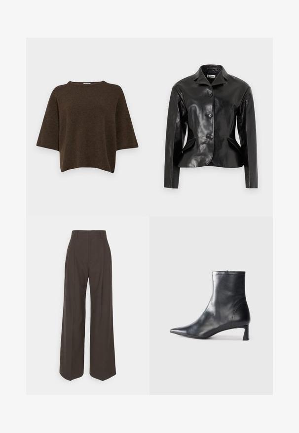 Bally Jachetă piele - black; Filippa K TEE - Pulover - driftwood; Pantaloni largi de culoare maro închis, cu talie înaltă, prezentând pliante bine călcate, textură fină și o croială adaptată.; Cizmă de gleznă din piele neagră cu vârf ascuțit și un design elegant. Dispune de un toc mic și de o închidere cu fermoar la spate. Textură netedă.