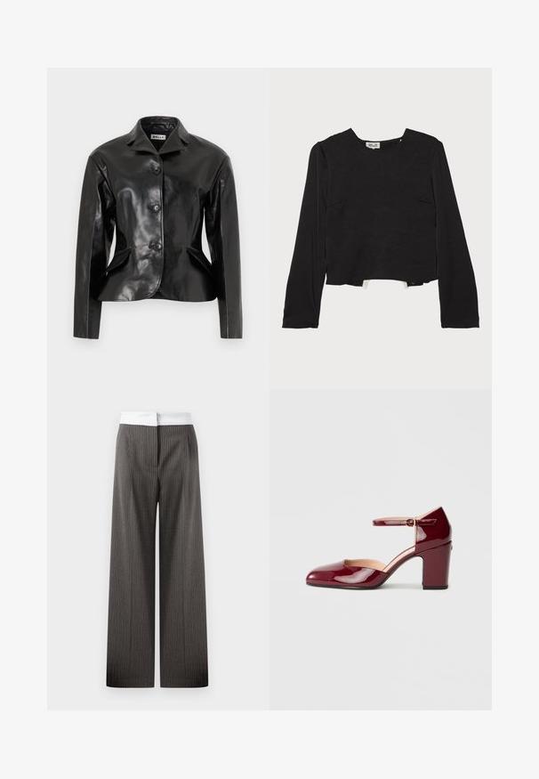 Bally Leather jacket - black; Black long-sleeve top with a round neckline, textured fabric, cropped hem, and subtle seams, featuring side pockets for added detail.; Wide-leg trousers in dark gray featuring vertical pinstripes. The waistband is white and elastic, creating a contrasting detail.; Burgundy patent leather shoe with a pointed toe, ankle strap, and a block heel. Features a cut-out design along the sides.