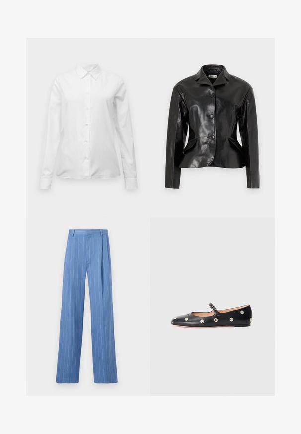 Bally - Kurtka skórzana; Biała, długa koszula z guzikami, z ostrym kołnierzykiem, dopasowanym krojem i mankietami, wyeksponowana na jednolitym białym tle.; Jasnoniebieskie spodnie o szerokich nogawkach z pionowymi białymi paskami. Wykonane z gładkiego materiału, z przodem z zakładkami i prostą talią.; Czarne skórzane buty typu Mary Jane na płaskim obcasie z zaokrąglonym czubkiem, ozdobione srebrnymi okrągłymi ćwiekami oraz regulowanym paskiem z klamrą.