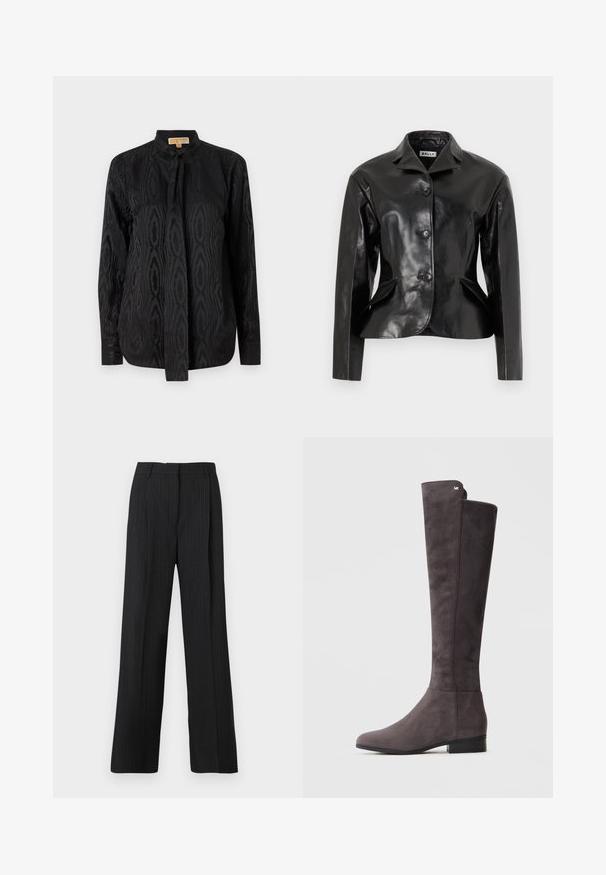 Bally Giacca di pelle - black; Blusa nera in tessuto liscio, con un sottile motivo tonale, maniche lunghe, colletto alzato e chiusura a cravatta al collo.; Pantaloni neri con righe sottili e una vestibilità rilassata, caratterizzati da un frontale liscio, due tasche laterali e una texture del tessuto morbida.; Stivale in suede grigio scuro al ginocchio con tacco basso e logo metallico sottile vicino alla parte superiore su sfondo chiaro.