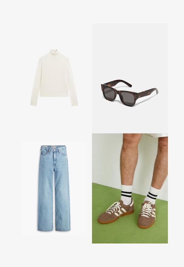Dunkelblaues cropped Denim-Jackett mit Frontreißverschluss, weiten langen Ärmeln, Kragen und elastischem Saum und Bündchen.; Weißer Rollkragenpullover, aus weichem Strickmaterial, mit langen Ärmeln, figurbetontem Schnitt, gerippten Bündchen und Saum, minimalistisch im Design ohne Muster oder Akzente.; Hochgeschnittene, hellblaue Schlagjeans mit Frontknopf und Reißverschluss, Gürtelschlaufen und fünf Taschen.; Braune Wildleder-Sneaker mit weißen Akzenten und Schnürsenkeln. Gummisohle in Kautschuk-Optik. Getragen mit weißen Socken, die schwarze Streifen haben. Grüner strukturierter Fußboden.; Sonnenbrille aus Schildpatt mit dunklen Gläsern, quadratischem Rahmen und silbernen Akzentnieten auf der Vorderseite. Aus Kunststoff, leicht und langlebig.; Braune, geflochtene Lederhandtasche mit einer lässigen, dreieckigen Form. Verfügt über einen geflochtenen Griff und einen Reißverschluss an der Oberseite.