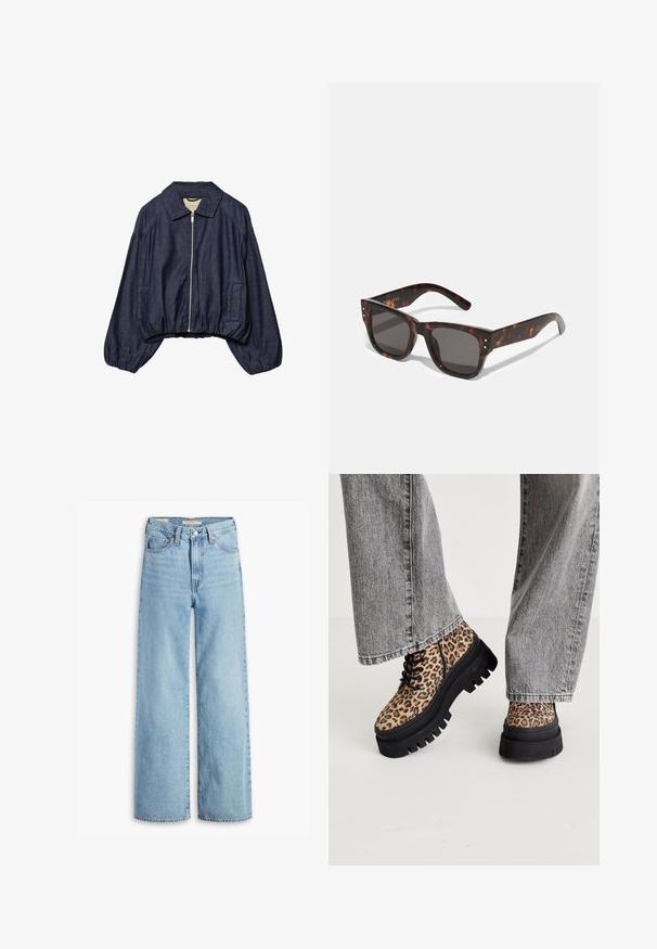 Mørkeblå cropped denimjakke med frontlynlås, brede lange ærmer, krave og elastisk kant og manchetter.; Hvid ribbet top med en tætsiddende design, rund halsudskæring og uden ærmer. Fremstillet af strækbart stof for komfort og bevægelsesfrihed.; Højtaljede, lyseblå, vide bukser med knap og lynlås fortil, bæltestropper og fem lomme-stil.; Steve Madden COAST - Snørestøvletter - brown/multi-coloured; Skildpaddemønstrede solbriller med mørke linser, firkantet stel og sølvfarvede nitter foran. Lavet af plastik, lette og holdbare.; Brun vævet læderhandbag med en slasket, trekantet form. Har et flettet håndtag og en lynlåslukning langs toppen.