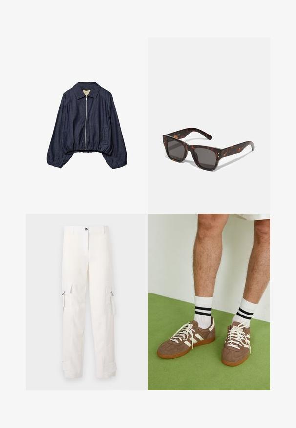 Mörkblå kort denimjacka med framsida dragkedja, breda långa ärmar, krage samt elastisk nederkant och ärmslut.; Vitt ribbat linne med en figurnära design, rund halsringning och utan ärmar. Tillverkat av elastiskt tyg för komfort och rörelsefrihet.; Vita cargobyxor i bomull, med sidfickor, bältesöglor och uppvikta fållar. Designen har en rak passform och knäppning med knapp.; Bruna mockaskor med vita detaljer och snören. Gummisula i beige. Bärs med vita strumpor med svarta ränder. Grön strukturerad golvyta.; Solfjädrade solglasögon i sköldpaddsdesign med mörka linser, fyrkantig ram och silverdetaljer på framsidan. Tillverkade i plast, lätta och hållbara.