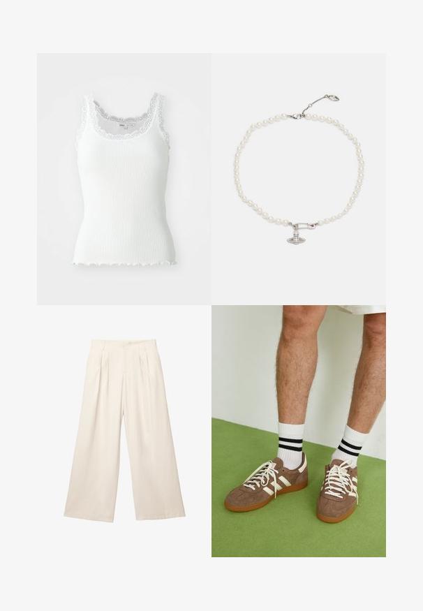 Mörkblå kort denimjacka med framsida dragkedja, breda långa ärmar, krage samt elastisk nederkant och ärmslut.; Vit ribbad ärmlös topp med spetsdetaljer längs halsringningen och ärmhålen; vågigt fållkant; figurnära design och lättviktigt tyg.; Vida byxor i en ljus beige färg med ett mjukt, texturerat tyg. Har framfickor och resårmidja för en avslappnad passform.; Bruna mockaskor med vita detaljer och snören. Gummisula i beige. Bärs med vita strumpor med svarta ränder. Grön strukturerad golvyta.; Pärlhalsband med glansiga vita pärlor, med en säkerhetsnål i silverfärg prydd med klara rhinestones. Stängning med hummerklämma.