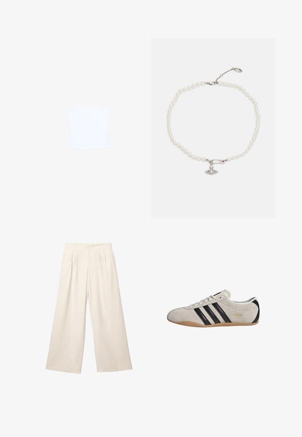 Donkerblauwe cropped denim jas met voorrits, wijde lange mouwen, kraag, en elastische zoom en boorden.; Witte, strapless top met een getailleerde silhouet, gladde textuur en subtiele rondingen aan de zoom. Geen zichtbare patronen of hardware.; Lange broek met wijde pijpen in een lichtbeige kleur, gemaakt van een zachte, gestructureerde stof. Heeft voorplooien en een elastische tailleband voor een comfortabele pasvorm.; Suède sneaker met een grijze bovenkant, zwarte strepen en een gumrubberen zool. Kenmerkt een vetersluiting en een gouden logo-detail aan de zijkant.; Parelketting met glanzende witte parels, versierd met een zilverkleurige veiligheidsnaaldcharme bezet met heldere rhinestones. Met kreeftsluiting.
