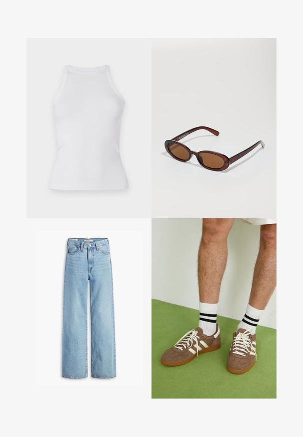 Temno modra skrajšana denim jakna z sprednjim zadrgo, širokimi dolgimi rokavi, ovratnikom ter elastičnimi robovi in manšeti.; Bela rebrasta majica brez rokavov s prilegajočim dizajnom in okroglo ovratnikom. Narejena iz raztegljive tkanine za udobje in prožnost pri gibanju.; Visoke svetlo modre široke hlače z visokim pasom, z gumbom in zadrgo spredaj, z zankami za pas in petimi žepi.; Rjavi semiš športni čevlji z belimi detajli in vezalkami. Gumijast podplat. Nošeni z belimi nogavicami z črnimi črtami. Zelena teksturirana talna obloga.; Okrogle, rjavo obarvane sončne naočare z sijočim burgundskim okvirjem. Tanek nosilec s subtilnim logotipom. Oblika leč je ravna.; Rjava tkana usnjena torbica s sproščenim, trikotnim oblikovanjem. Ima pleten ročaj in zadrgo na vrhu.