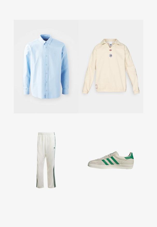 adidas Originals AJAX ICON DRILL TOP - Outdoorjas - halo ivory; Lichtblauw overhemd met lange mouwen en een puntkraag, met sluiting aan de voorkant door middel van knopen en een klein logo op de borst. Gemaakt van zachte katoen.; Witte sportbroek met groene zijkanten, elastische tailleband en een logo aan de bovenkant aan de linkerkant. Gemaakt van lichtgewicht stof.; Beige sneaker met groene strepen, voorzien van een witte zool en een bovenkant van glad leer. Zijaanzicht dat de veters en het logo benadrukt.