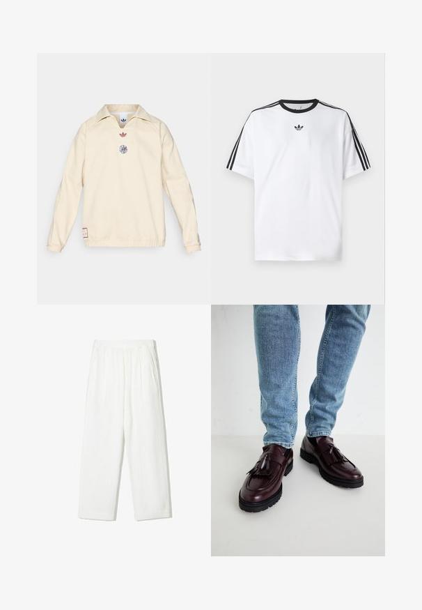 adidas Originals AJAX ICON DRILL TOP - Outdoorová bunda - halo ivory; Bílá bavlněná tričko s černým kulatým výstřihem a třemi černými pruhy na každém rameni. Malé černé logo na hrudi.; Bílé kalhoty s širokými nohavicemi vyrobené z texturované tkaniny. Mají elastický pas a dvě boční kapsy. Uvolněný, volný střih.; Burgundské kožené mokasíny s třásněmi a texturovaným svrškem, spárované s světle modrými džíny. Viditelná černá gumová podešev.