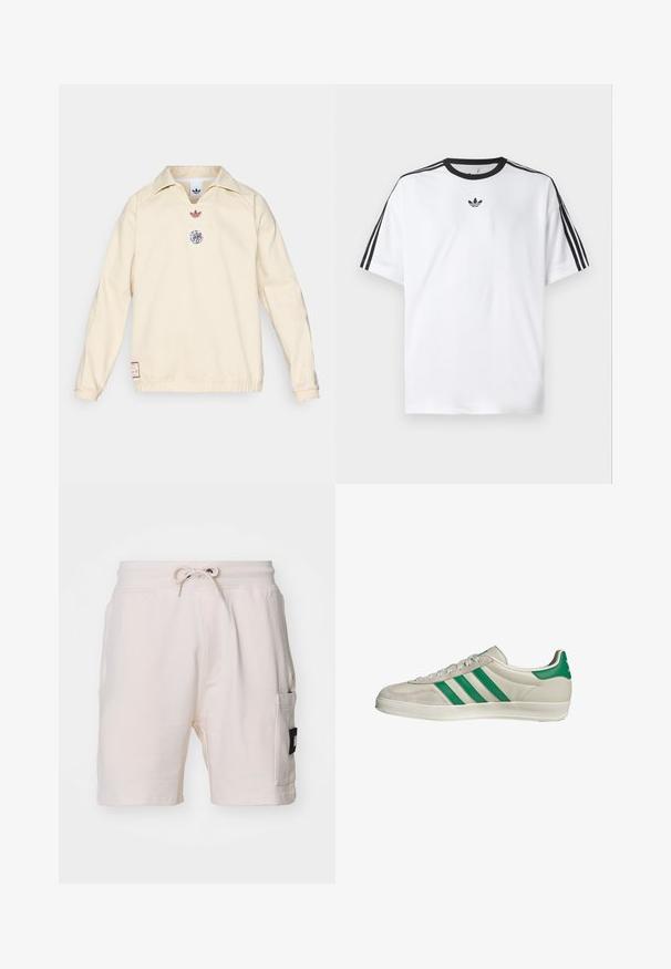 adidas Originals AJAX ICON DRILL TOP - Outdoorjas - halo ivory; Witte T-shirt van katoen, met een zwarte ronde halslijn en drie zwarte strepen op elke schouder. Klein zwart logo op de borst.; Lichtbeige katoenen shorts met een elastische tailleband, trekkoord, zijzakken en een opvallend zwart label aan de zijkant.; Beige sneaker met groene strepen, voorzien van een witte zool en een bovenkant van glad leer. Zijaanzicht dat de veters en het logo benadrukt.
