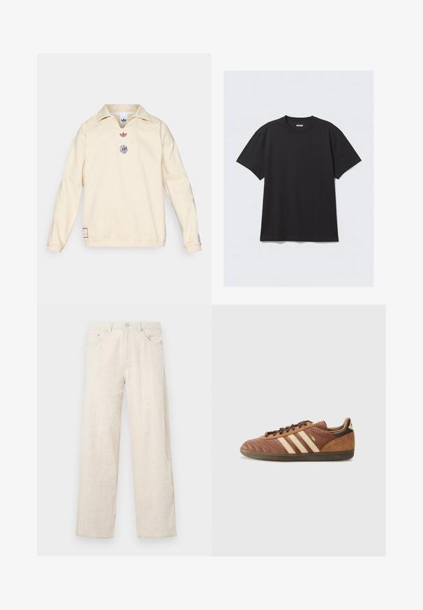adidas Originals AJAX ICON DRILL TOP - Giacca outdoor - halo ivory; T-shirt nero a maniche corte in cotone. Presenta un collo a giro e una vestibilità comoda. Design semplice senza motivi o dettagli visibili.; Pantaloni beige a gamba larga realizzati in tessuto testurizzato, con chiusura a bottone, passanti per cintura e tasche in stile classico.; adidas Originals SAMBA UNISEX - Sneakers basse - preloved brown/sand strata/dark brown