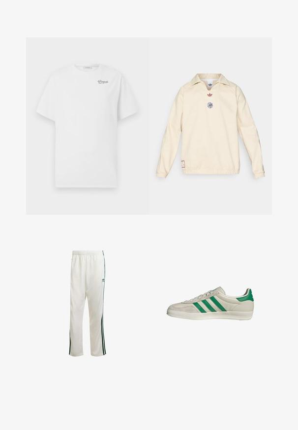 adidas Originals AJAX ICON DRILL TOP - Outdoorjacke - halo ivory; Weißes Baumwoll-T-Shirt mit kurzen Ärmeln und Rundhalsausschnitt, auf der linken Brust mit einem schwarzen "Pompeii"-Logo. Weiche, glatte Textur.; Weiße Sporthose mit grünen Seitenstreifen, elastischem Bund und einem Logo auf der oberen linken Seite. Hergestellt aus leichtem Stoff.; Beige Sneaker mit grünen Streifen, ausgestattet mit einer weißen Sohle und einem Obermaterial aus glattem Leder. Seitenansicht, die die Schnürdetails und das Logo hervorhebt.